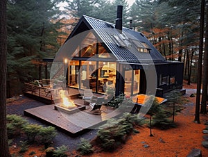 A luxury & modern design cabin built in the forest. Nice architecture with dark roof.