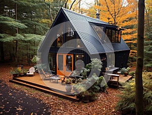 A luxury & modern design cabin built in the forest. Nice architecture with dark roof.