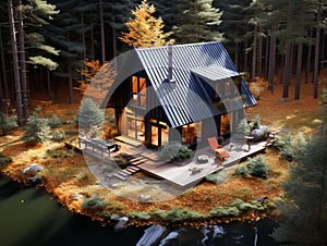 A luxury & modern design cabin built in the forest. Nice architecture with dark roof.