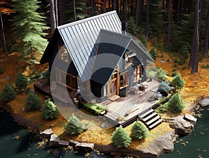 A luxury & modern design cabin built in the forest. Nice architecture with dark roof.