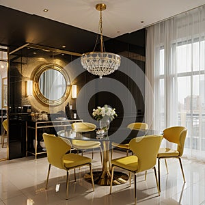 Luxury modern dinning room interior background for mockup with bright yellow chairs table with dishes panoramic windows and