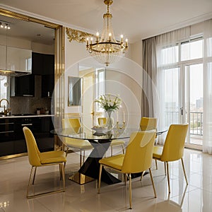 Luxury modern dinning room interior background for mockup with bright yellow chairs table with dishes panoramic windows and
