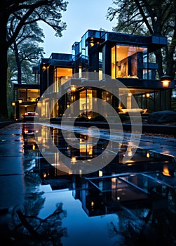 A luxury modern home warmly lit against a dusky evening, its reflection shimmering on the wet driveway