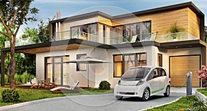 Luxury modern house and electric car