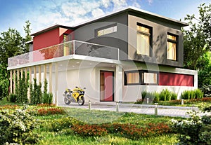 Luxury modern house and motorbike