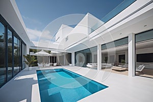 Luxury modern house with swimming pool, white walls and terrace. generative ai