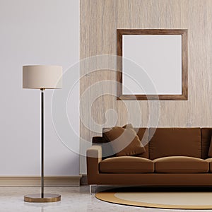 Luxury modern interior of dark brown tone living room home decor concept background. Standing electric lamp and empty wooden