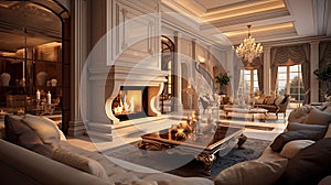 Luxury modern interior design of living room and burning fireplace in beautiful house
