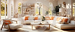 Luxury modern large spacious living room with autumn decor, plants, flooded with sunlight