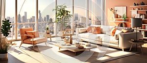 Luxury modern large spacious living room with autumn decor, plants, flooded with sunlight