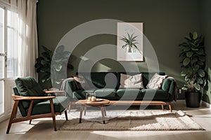 Luxury modern living room interior, dark green brown wall, modern sofa with armchair and plants,