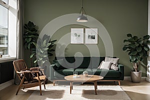 Luxury modern living room interior, dark green brown wall, modern sofa with armchair and plants,