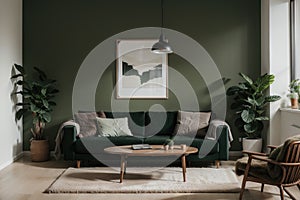 Luxury modern living room interior, dark green brown wall, modern sofa with armchair and plants,