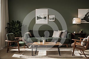 Luxury modern living room interior, dark green brown wall, modern sofa with armchair and plants,