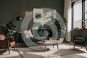 Luxury modern living room interior, dark green brown wall, modern sofa with armchair and plants,