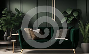 Luxury modern living room interior, dark green brown wall, modern sofa with armchair and plants, 3d render