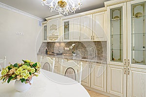 Luxury modern neoclassic beige kitchen interior photo