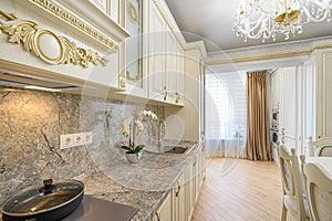 Luxury modern neoclassic beige kitchen interior photo