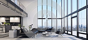 Luxury modern penthouse interior with panoramic windows