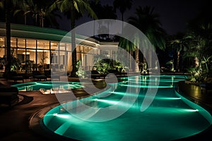 Luxury Modern Resort Hotel with Swimming Pool and Tropical Nature Background at Night