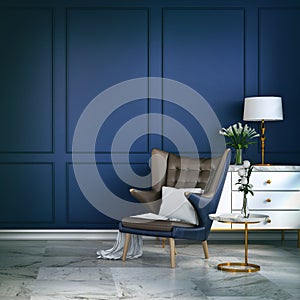 Luxury modern room interior,blue lounge chair with white lamp and white sideboard on blue wall /3d render