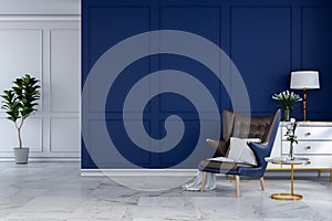 Luxury modern room interior design,blue lounge chair with white lamp and white sideboard on blue wall /3d render