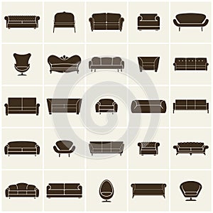 Luxury modern sofa and couch icons set. Vintage furniture collection