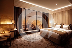 Luxury modern style bedroom, Interior of a hotel bedroom. Generative AI illustration