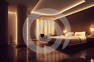 Luxury modern style bedroom, Interior of a hotel bedroom. Generative AI illustration