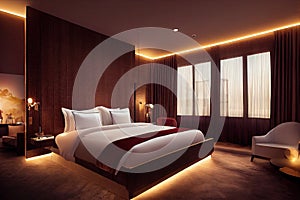 Luxury modern style bedroom, Interior of a hotel bedroom. Generative AI illustration