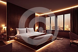 Luxury modern style bedroom, Interior of a hotel bedroom. Generative AI illustration