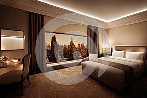 Luxury modern style bedroom, Interior of a hotel bedroom. Generative AI illustration