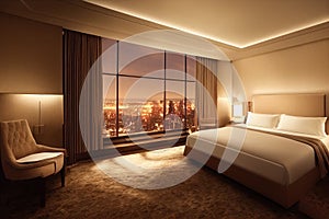 Luxury modern style bedroom, Interior of a hotel bedroom. Generative AI illustration