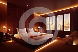 Luxury modern style bedroom, Interior of a hotel bedroom. Generative AI illustration