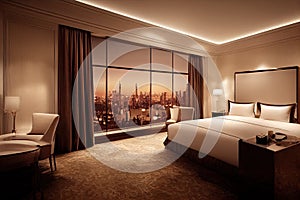 Luxury modern style bedroom, Interior of a hotel bedroom. Generative AI illustration