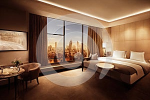 Luxury modern style bedroom, Interior of a hotel bedroom. Generative AI illustration