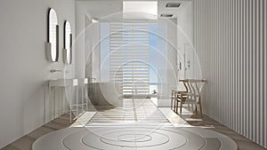 Luxury modern white bathroom with herringbone parquet floor, panoramic window, sea panorama, bathtub, shower and double sink,