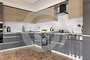 Luxury modern white, beige and grey kitchen interior