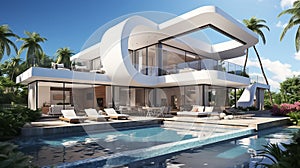 Luxury modern white home with a swimming pool, angular walls and landscaped garden with palm trees