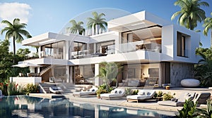 Luxury modern white home with a swimming pool, angular walls and landscaped garden with palm trees