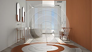 Luxury modern white and orange bathroom with herringbone parquet, panoramic window, sea panorama, bathtub, shower and double sink