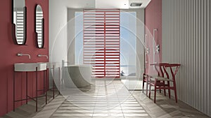 Luxury modern white and red bathroom with herringbone parquet floor, panoramic window, sea panorama, bathtub, shower and double