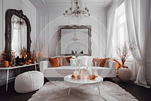 Luxury modern white small living room with sofa, carpet, large mirrors decorated for Halloween.