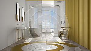 Luxury modern white and yellow bathroom with herringbone parquet, panoramic window, sea panorama, bathtub, shower and double sink