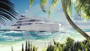 Luxury modern yacht in the sea at sunset. A modern yacht moored near a deserted tropical island. 3D Rendering