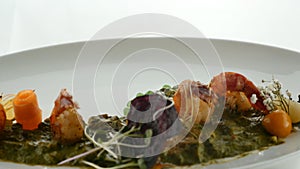 Luxury Molecular Dish with Meat. Haute cuisine food, appetizer concept.