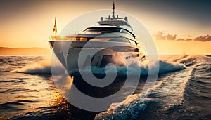 Luxury motor yacht on the ocean. Yachting on open sea at golden sunset. generative ai