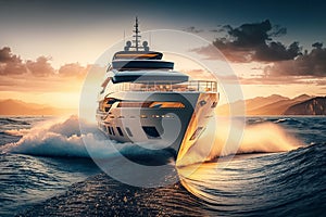 Luxury motor yacht on the ocean. Yachting on open sea at golden sunset, Generative AI