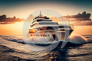 Luxury motor yacht on the ocean. Yachting on open sea at golden sunset, Generative AI
