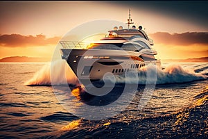 Luxury motor yacht on the ocean. Yachting on open sea at golden sunset, Generative AI